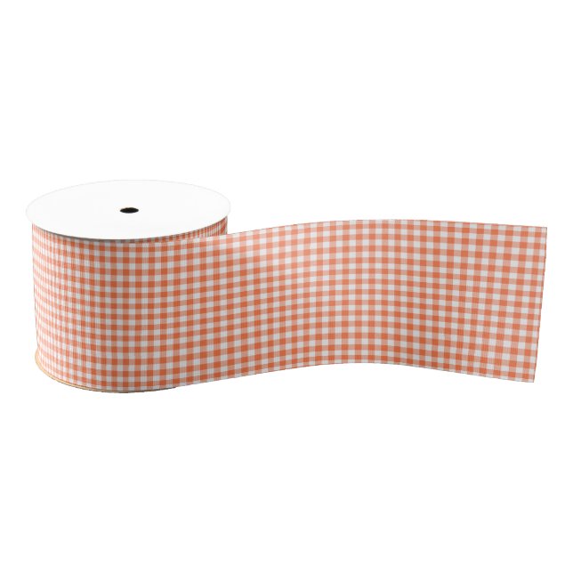 Coral (Orange Pink) and White Gingham Checks Grosgrain Ribbon (Spool)
