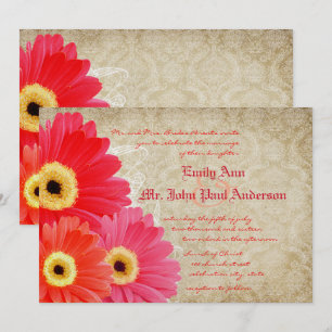 Coral Orange Pink Gerber Daisy Wedding Invitation