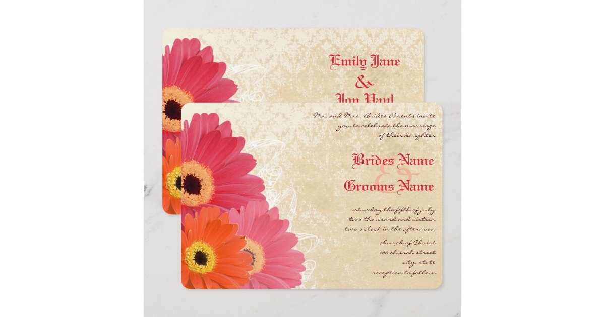 Coral Orange Pink Gerber Daisy Wedding Invitation | Zazzle