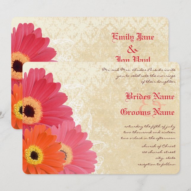 Coral Orange Pink Gerber Daisy Wedding Invitation (Front/Back)
