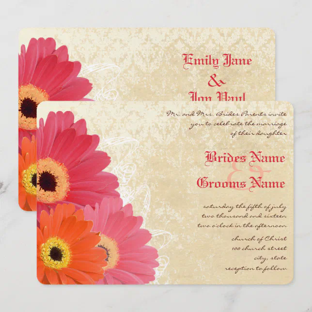 Coral Orange Pink Gerber Daisy Wedding Invitation | Zazzle
