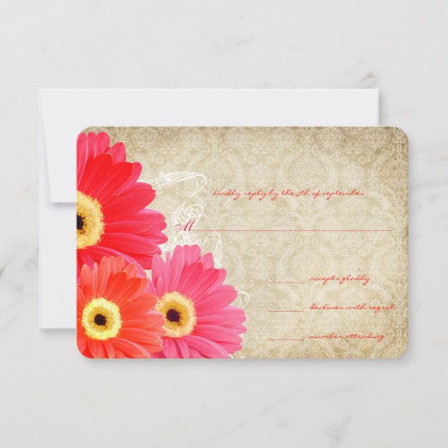 Coral Orange Pink Gerber Daisy Wedding Invitation (Front)