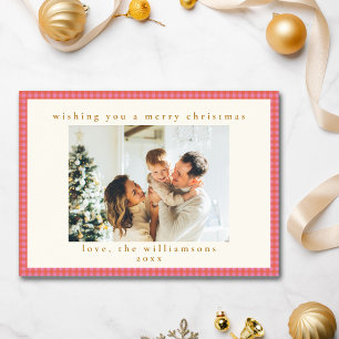 Coral Orange Pink Gingham Check Family Holiday Card