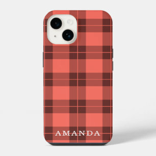 Coral Orange Plaid Pattern Custom Name iPhone 14 Case