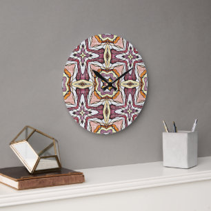 Coral Orange Red Pink Violet Hip Bohemian Bali Art Large Clock
