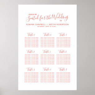 Coral orange script heart art wedding table plan poster