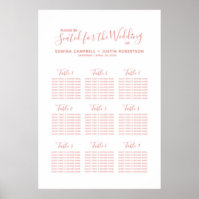 Coral orange script heart art wedding table plan poster (Front)
