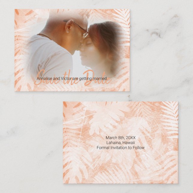 Coral Orange Tropical Palm Leaf Save-the-Date Card (Front/Back)