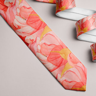 Coral orange watercolor floral summer pattern tie