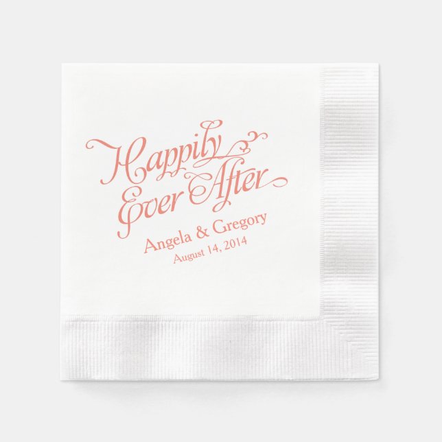 Coral Orange White Happily Ever After Wedding Napkin (Front)