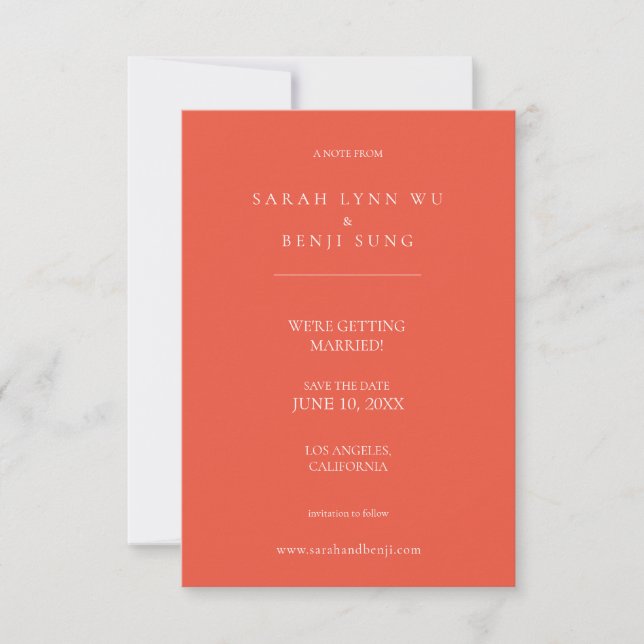 Coral Orange & White Minimalist Modern Save The Date (Front)