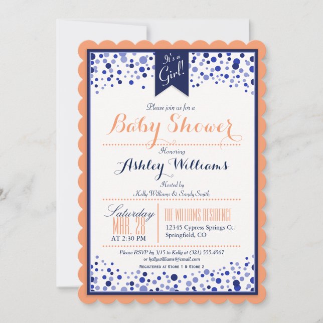 Coral Orange, White, & Navy Blue Baby Shower Invitation (Front)