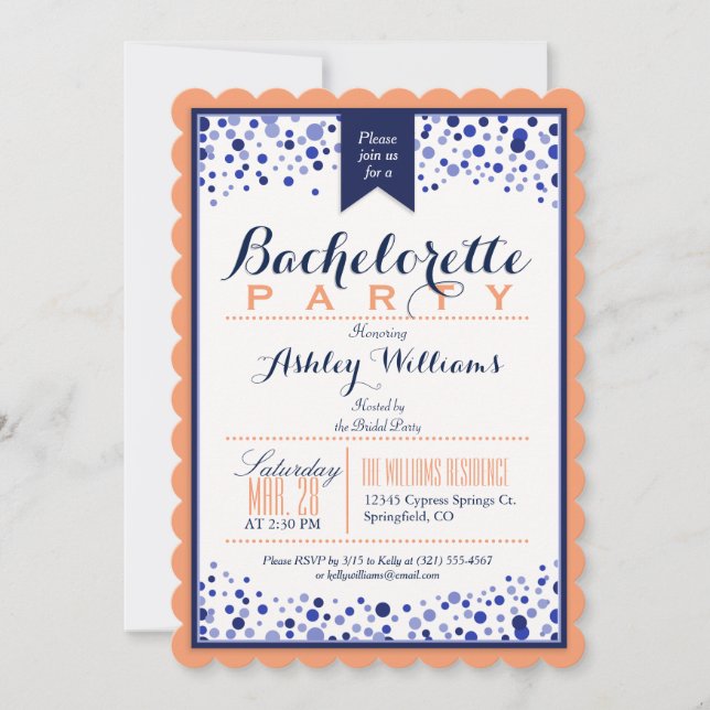Coral Orange, White, Navy Blue Bachelorette Party Invitation (Front)