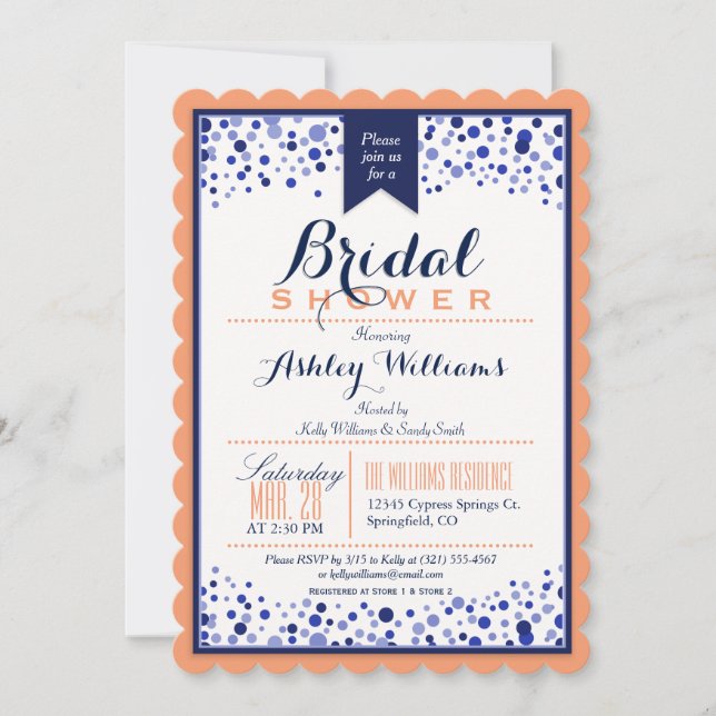Coral Orange, White, & Navy Blue Bridal Shower Invitation (Front)