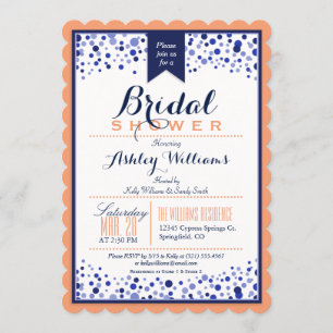 Coral Orange, White, & Navy Blue Bridal Shower Invitation