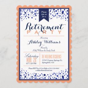 Coral Orange, White, Navy Blue Retirement Party Invitation