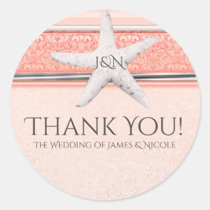 Coral Orange & White Starfish Beach Wedding Favour Classic Round Sticker