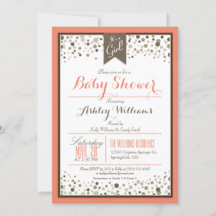 Coral Orange, White, & Taupe Modern Baby Shower Invitation