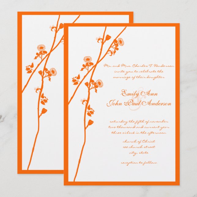 Coral Orange Wildflower Branch Floral Wedding Invitation (Front/Back)