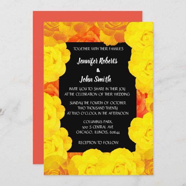 Coral Orange Yellow Black Floral QR Code Wedding Invitation (Front/Back)