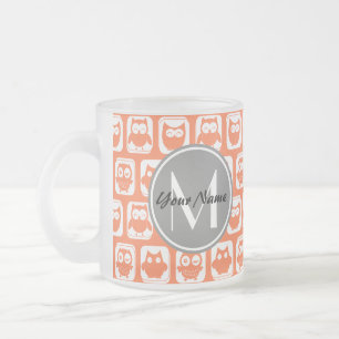 Coral Owls Grey Personalised Monogram Frosted Glass Coffee Mug