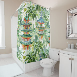 Coral Pagoda Cottage Garden Watercolor Shower Curtain
