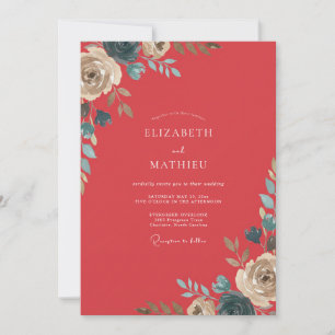 Coral Painted Foliage Wedding Invitation