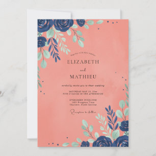 Coral Painted Leaf Wedding Invitation