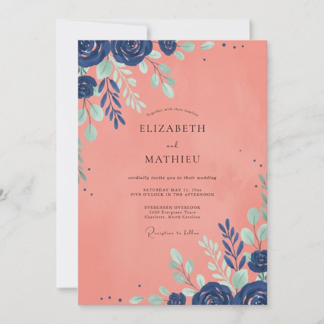 Coral Painted Leaf Wedding Invitation (Front)