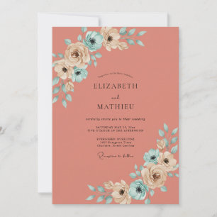 Coral Painted Petal Wedding Invitation