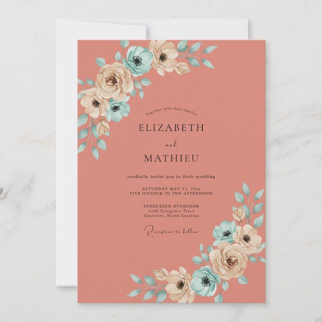 Coral Painted Petal Wedding Invitation (Front)