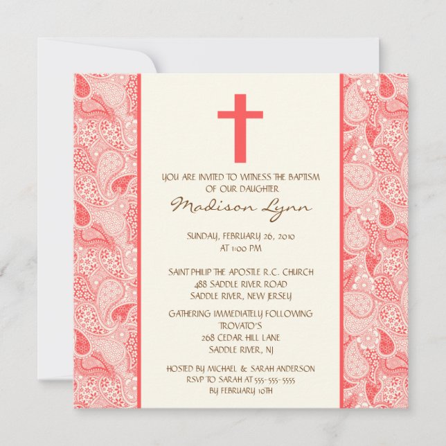 Coral PAISLEY Baby Girl Baptism Inviation Invitation (Front)