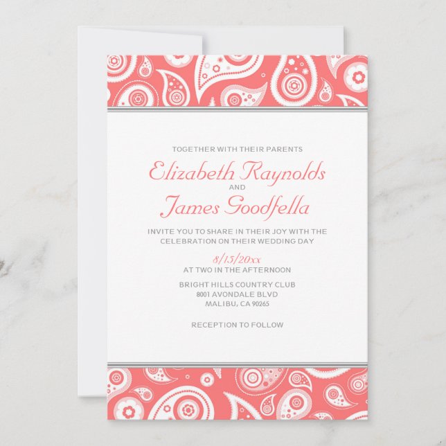 Coral Paisley Wedding Invitations (Front)