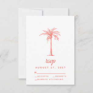 Coral Palm Tree Tropical Beach Wedding RSVP Card