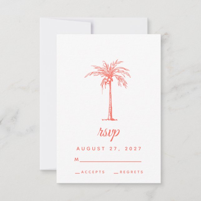 Coral Palm Tree Tropical Beach Wedding RSVP Card (Front)