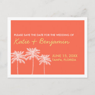 Coral palm trees summer wedding chic save the date announcement postcard