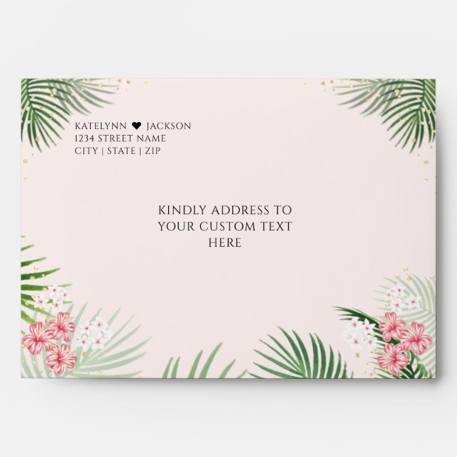 Coral Palms Tropical Botanical Gold Wedding Card Envelope (Front)