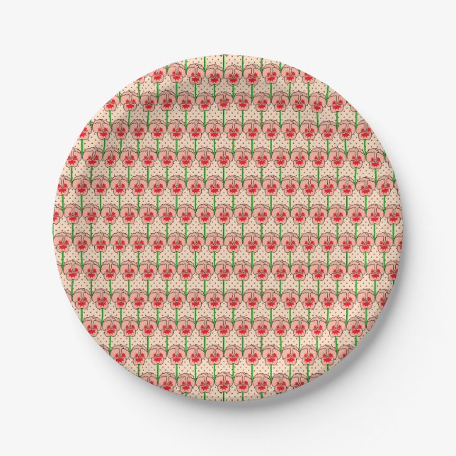 Coral pansies - retro wallpaper pattern paper plate (Front)