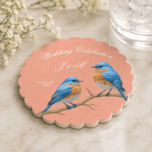 Coral Pastel Lovebirds Romantic Bluebirds Wedding Paper Coaster