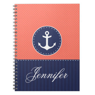 Coral Pattern Blue Anchor Personalised Name Notebook