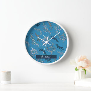 Coral Pattern Blue Nautical Clock