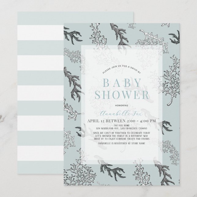Coral Pattern Light Blue Boy Drive-by Baby Shower Invitation (Front/Back)