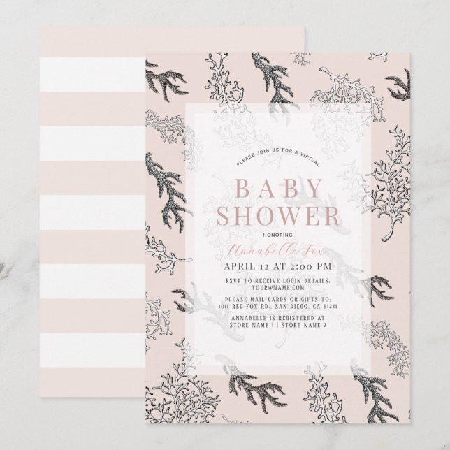 Coral Pattern Light Pink Girl Virtual Baby Shower Invitation (Front/Back)