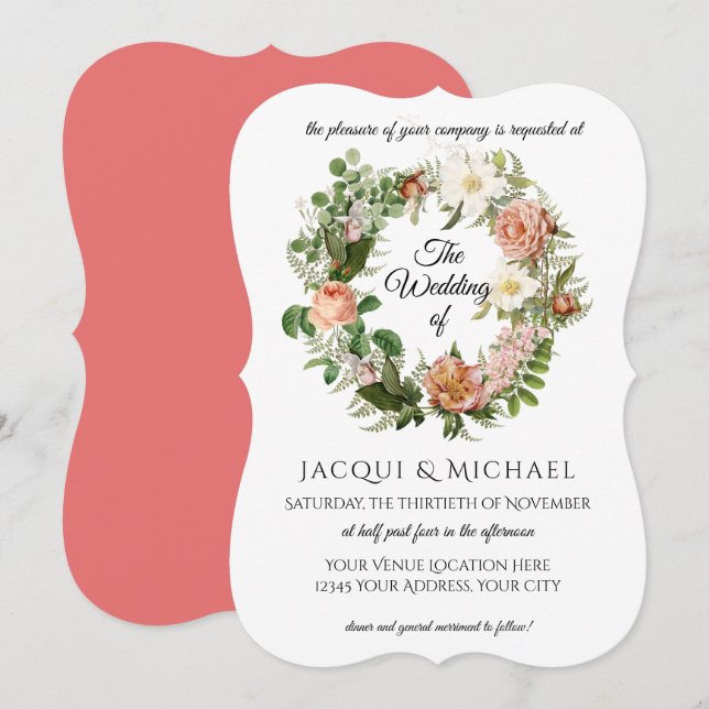 Coral Peach Blush Ivory Rose w Fern Wreath Wedding Invitation (Front/Back)