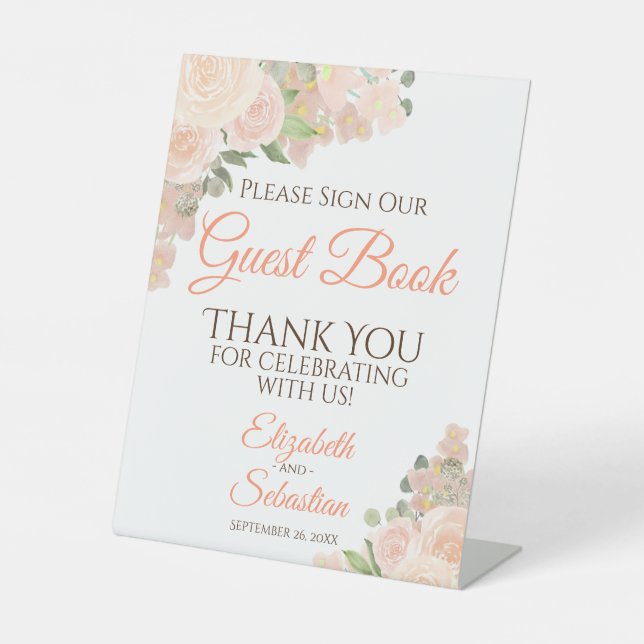 Coral Peach Boho Floral Please Sign Our Guest Book (Front)