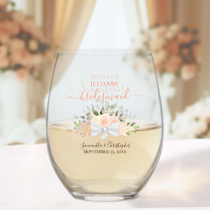 Coral Peach Bouquet Bridesmaid Maid of Honour Gift Stemless Wine Glass