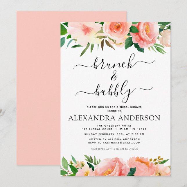 Coral Peach Brunch & Bubbly Bridal Shower Floral  Invitation (Front/Back)
