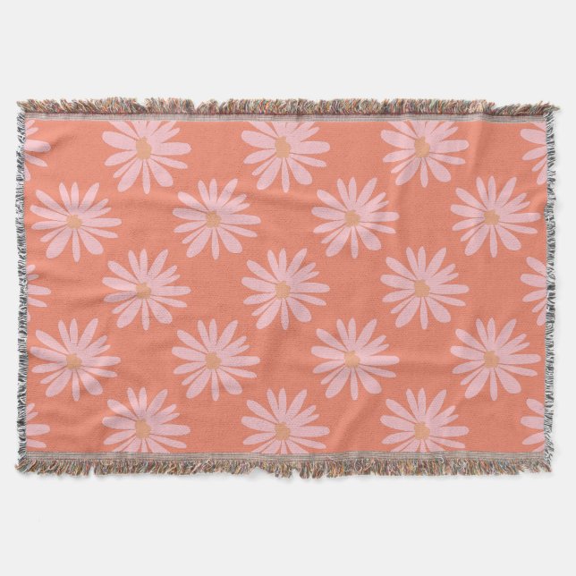Coral Peach Colour BOHO Chic Daisy Pattern Floral  Throw Blanket (Front)