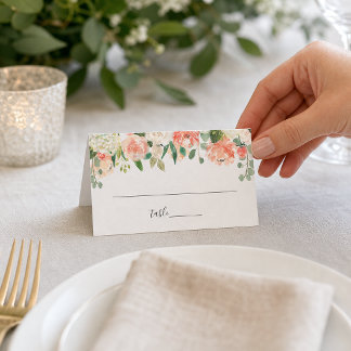 Coral Peach Cream Garden Floral Wedding Place Card