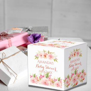 Coral peach dahlia flowers baby shower thank you favour box